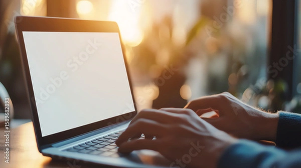 Fototapeta Closeup of hands on laptop with blank screen, room for headline or graphic overlay