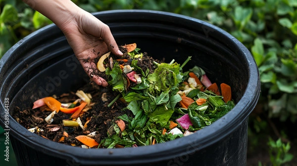 Fototapeta Hand composting vegetable scraps in backyard compost bin, natural waste cycle