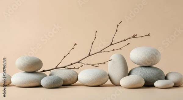 Obraz Serene Harmony Stacked Stones and Delicate Branch on a Light Beige Background