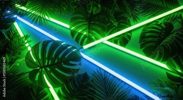 Obraz Vibrant Tropical Jungle with Neon Lights Illuminating Lush Greenery