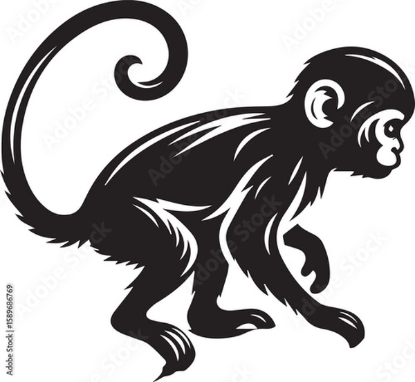 Fototapeta Black and White Monkey Silhouette Vector Set – Sitting, Walking, and Playing Poses