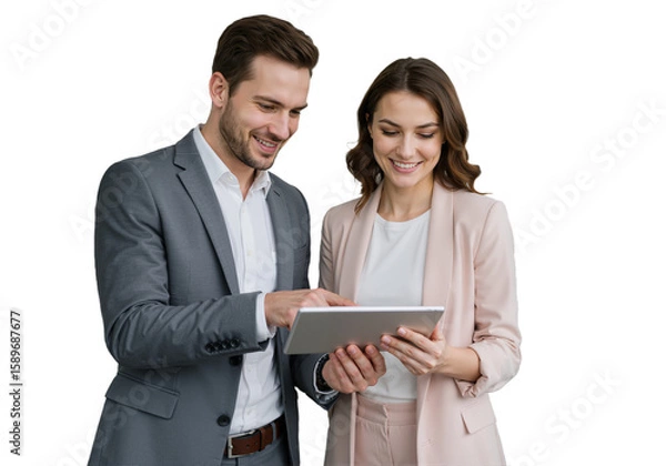 Fototapeta Busy Smiling Middle-Aged Business Man and Woman – Professional Corporate Executives in Suits Discussing Digital Strategy with Tablet, Standing and Collaborating in a Modern Office Setting, isolated on