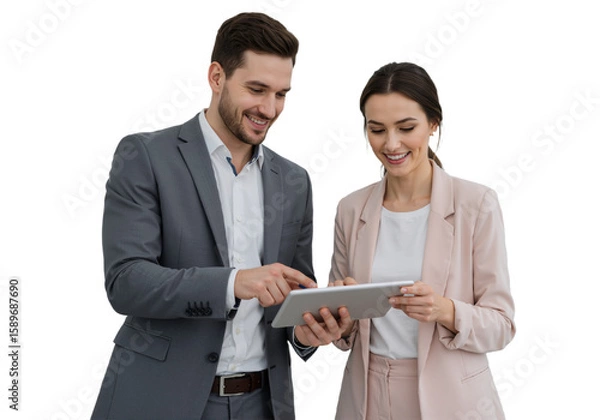Fototapeta Busy Smiling Middle-Aged Business Man and Woman – Professional Corporate Executives in Suits Discussing Digital Strategy with Tablet, Standing and Collaborating in a Modern Office Setting, isolated on