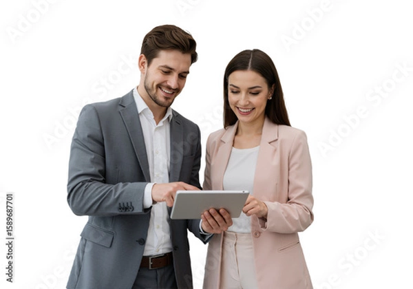 Fototapeta Busy Smiling Middle-Aged Business Man and Woman – Professional Corporate Executives in Suits Discussing Digital Strategy with Tablet, Standing and Collaborating in a Modern Office Setting, isolated on