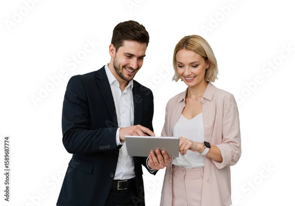 Fototapeta Busy Smiling Middle-Aged Business Man and Woman – Professional Corporate Executives in Suits Discussing Digital Strategy with Tablet, Standing and Collaborating in a Modern Office Setting, isolated on