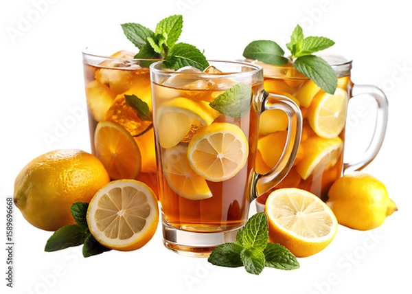 Fototapeta Refreshing iced tea with lemon and mint isolated on blue and transparent background