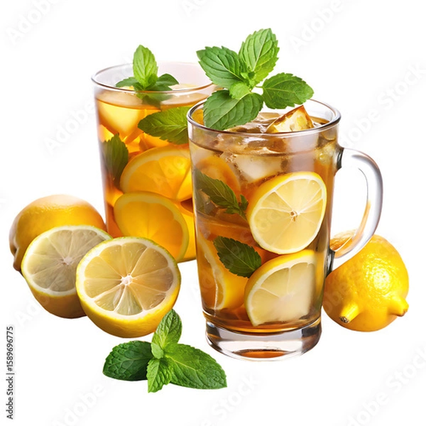 Fototapeta Refreshing iced tea with lemon and mint isolated on blue and transparent background