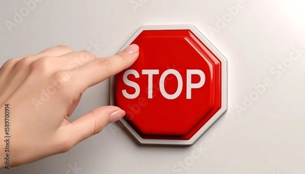 Obraz A hand presses a red octagonal stop button