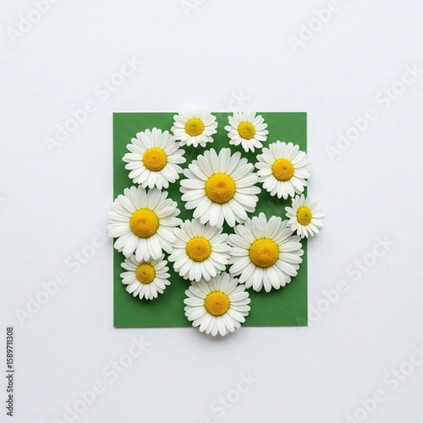 Fototapeta Minimalistic overhead of white chamomile flowers arranged on vibrant green backdrop. Soft natural lighting with clean space for overlay text copy