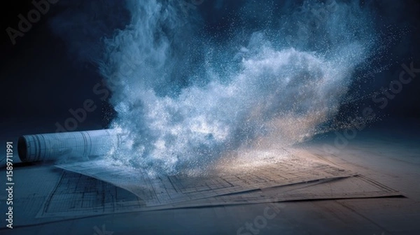 Fototapeta Rolled blueprints explode in a cloud of light