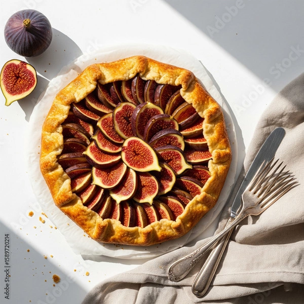 Fototapeta Overhead artisanal shot of rustic fig galette, sliced figs arranged in concentric circles on golden crust. Warm daylight, linen napkin and vintage cutlery copy