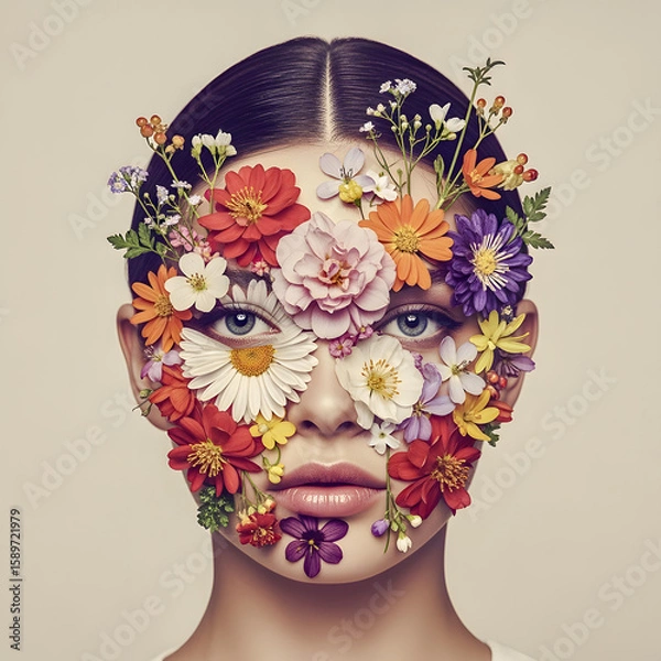 Fototapeta A woman's face is covered in flowers, giving her a unique