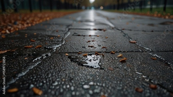 Fototapeta Wet pavement path lined with fallen autumn leaves