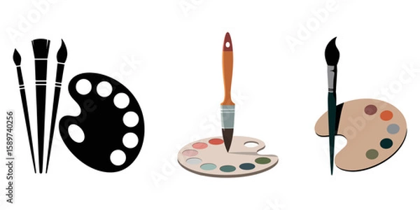 Fototapeta Painter palette and paint brush. icon vector on white background, artist palette design silhouette vector illustration, Flat illustrations of painting palettes, Palette with brushes Vector, Palette