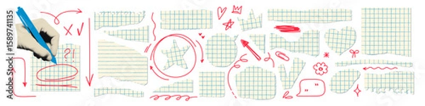 Fototapeta Torn tear paper pieces and scribble doodles set. Ripped blue graph notebook sheets with vintage texture, back to school concept. Trendy elements collection for collage Modern retro vector illustration