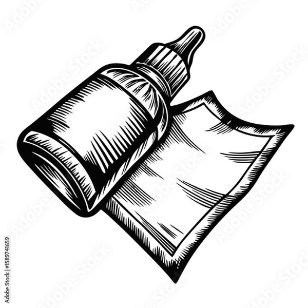 Fototapeta Glue bottle and paper shown in a hand-drawn engraving style. Glue bottle with small piece of paper showcases detailed linework and hatched shading, demonstrating graphic technique of engraving style.