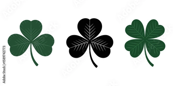 Fototapeta Four-leaf clover silhouette symbol icon shape, vector illustration of green four leaf cloverleaf, isolated on white, Shamrock Icon Set Vector Design on White Background, clover leaves silhouette