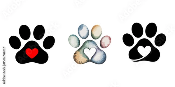 Fototapeta Paw icon set. Cat or dog paw icon silhouette vector illustration. Paw icon outline. print vector illustration, Heart and pet paw icon, Paw print with heart black silhouette vector, Paper Heart Paw