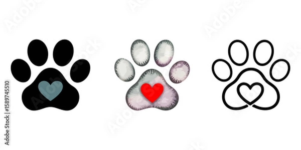Fototapeta Paw icon set. Cat or dog paw icon silhouette vector illustration. Paw icon outline. print vector illustration, Heart and pet paw icon, Paw print with heart black silhouette vector, Paper Heart Paw