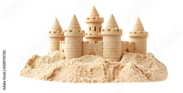 Fototapeta Sandcastle built with intricate towers and surrounding seashells demonstrates creativity at the beach during sunny summer day