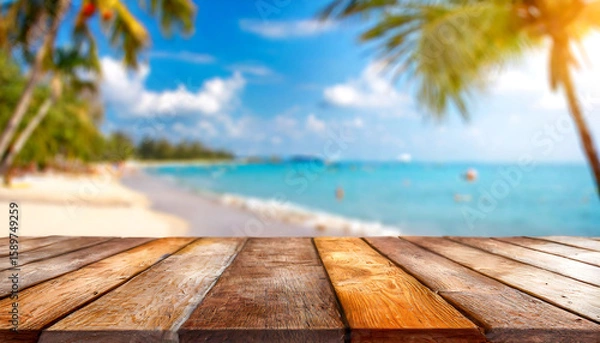 Fototapeta Desk of free space for your decoration and summer landscape of ocean with beach.