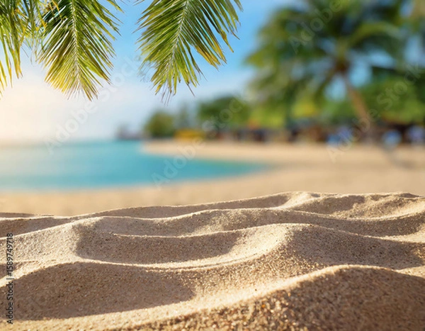 Fototapeta Tropical beach with palm leaves framing the turquoise sea, focus on sand ripples in the foreground.