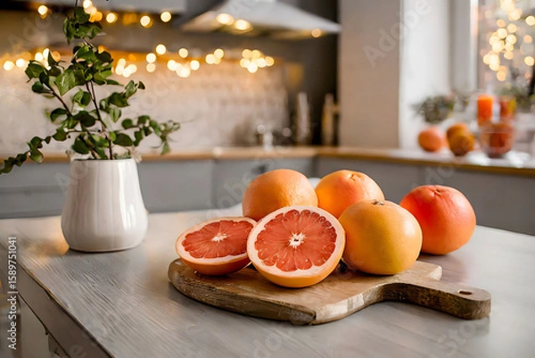 Fototapeta Ripe grapefruits on a cutting board in a modern, well-lit kitchen setting