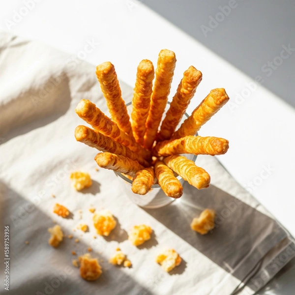 Fototapeta Overhead clean shot of crispy cheese breadsticks in tall glass, scattered crumbs on linen cloth. Soft warm daylight copy