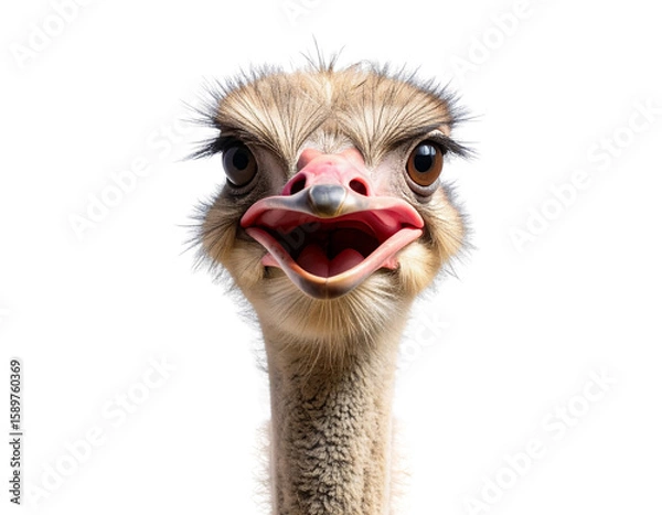 Fototapeta Funny Expression Ostrich Close-Up with Open Beak, Transparent PNG Format.