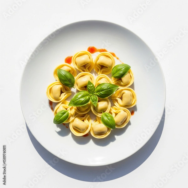 Fototapeta Overhead clean shot of freshly cooked cheese tortellini arranged in white plate with basil garnish. Natural daylight, sauce drizzle optional copy