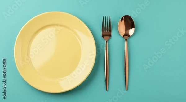 Fototapeta A flat lay of a pastel yellow plate with rose gold cutlery The setting is placed on a solid light teal background creating a vibrant and cheerful composition