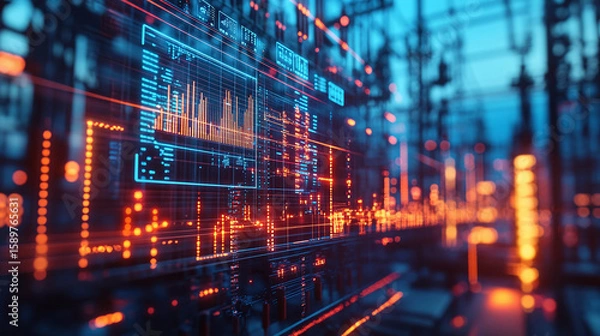 Obraz Electrical Grid With Data Analysis and Network Visualization Effects

