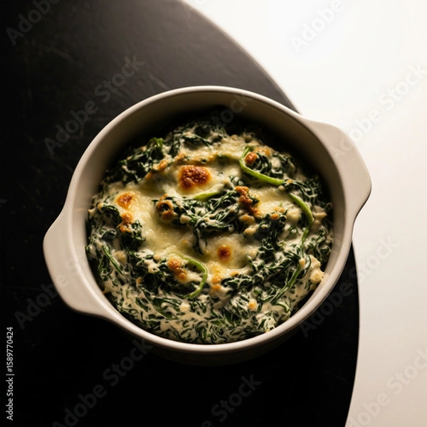 Fototapeta Overhead close-up of creamy spinach and cheese in white ceramic bowl on dark textured table. Warm moody light copy
