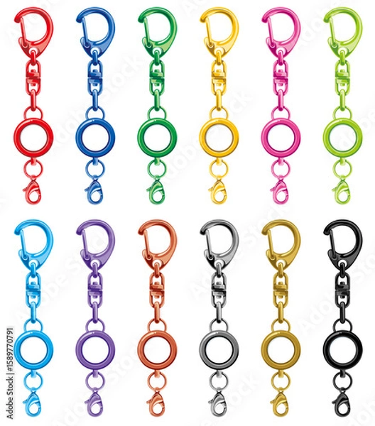 Fototapeta カラフルなナスカンのストラップ付きリールホルダーのベクターイラスト素材セット(Colorful Vector Set of Reel Holders with Lobster Clasp Straps)