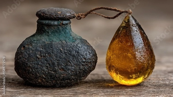 Fototapeta Ancient Relic: Awe-Inspiring Stone Jar and Amber Teardrop
