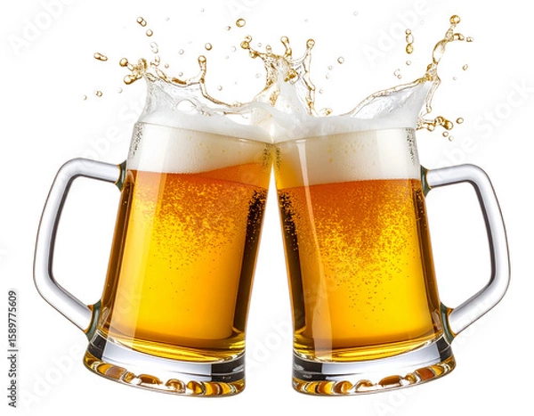 Fototapeta  Modern Frosted Beer Glasses Clinking, Minimal Foam, Transparent PNG Cutout.