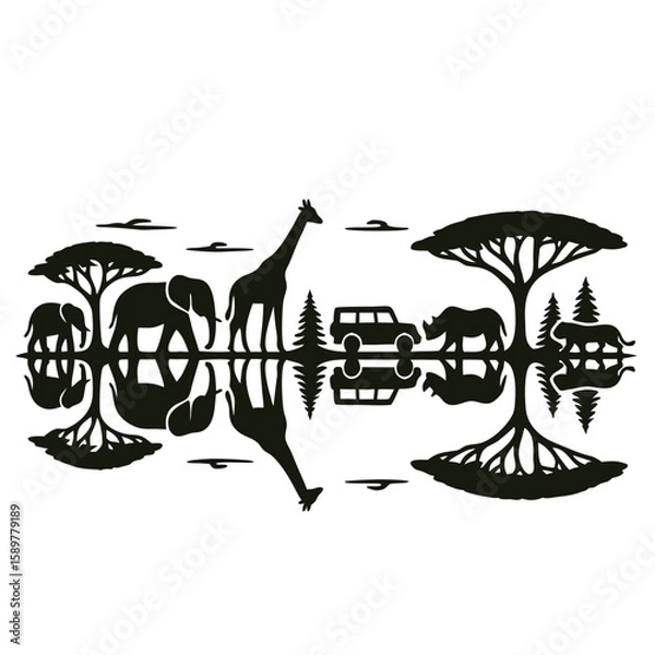 Obraz Panoramic silhouette of an African safari with reflected wildlife and vehicles. This black vector graphic captures the savanna's majesty on a clean, white background