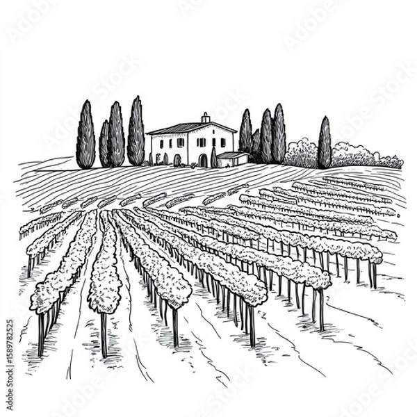 Fototapeta A simple line drawing of an Italian vineyard with rows of grapevines and cypress trees, with a house in the background