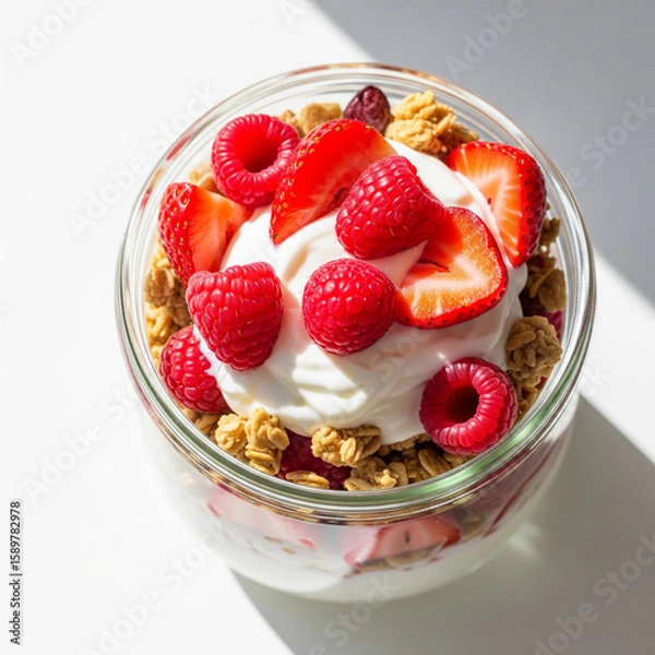 Fototapeta Overhead colorful breakfast parfait in a glass jar layered with granola, Greek yogurt, fresh strawberries and raspberries. Bright side light copy