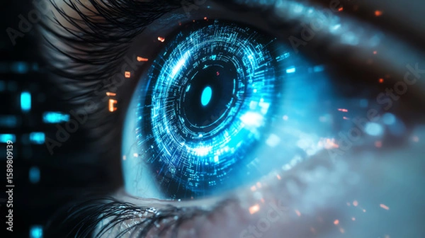 Fototapeta Human eye reflected in AI surveillance lens, moral dilemma of observation