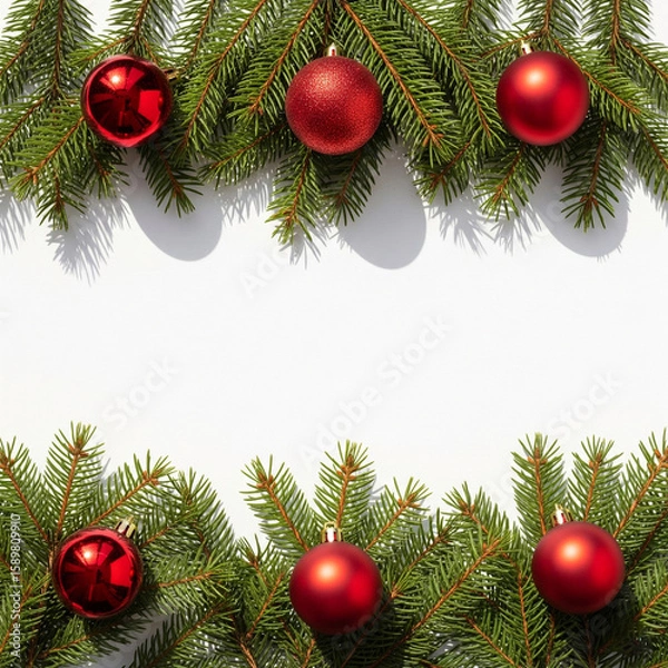 Fototapeta Overhead festive banner shot of fir twigs with glossy red baubles and copy space in center. Bright natural light copy