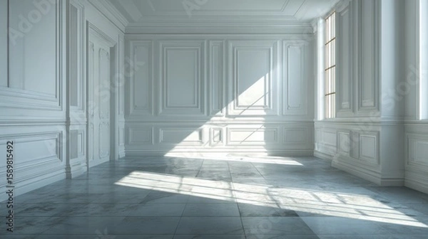 Obraz Sunlit Empty Room with Elegant White Paneling and Gray Floor