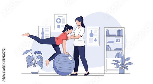 Obraz Physical therapy patient undergoing balance training with instructor support on exercise ball in clinic setting