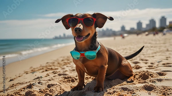 Fototapeta Happy Dachshund in Sunglasses Relaxing on a Sunny Beach