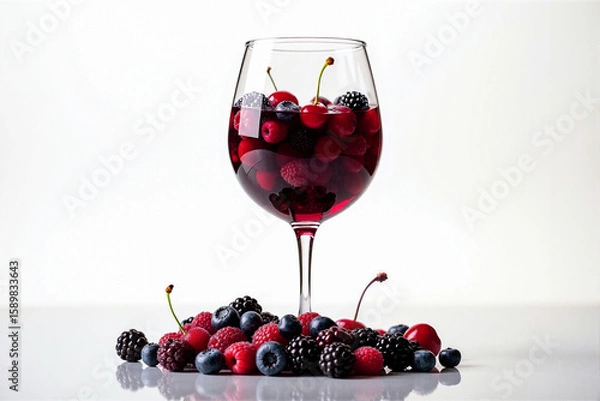 Fototapeta Red wine with berry flavor. Wine glass with cherry, blackberry and raspberry surrounded by berries on white background. AI generative.