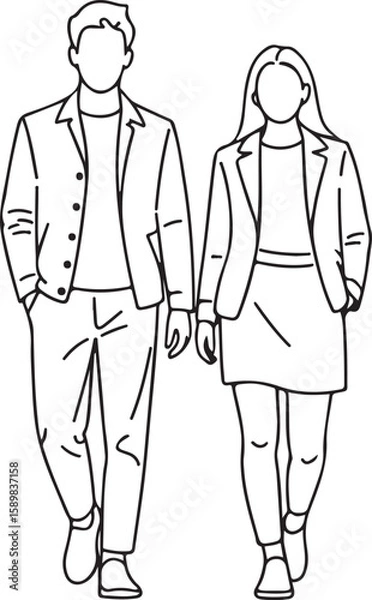 Fototapeta A simple line drawing depicts a man and a woman holding hands and walking.
