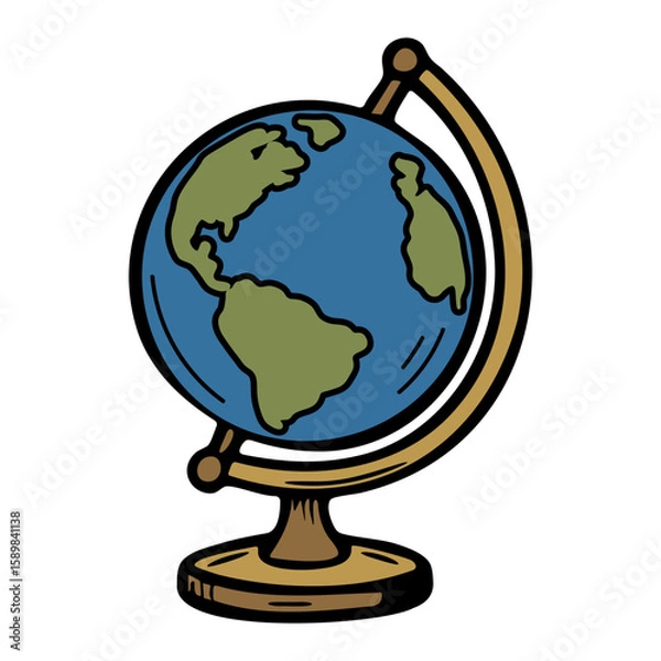 Fototapeta Colorful hand drawn globe with blue oceans and green continents, mounted on brown stand, symbolizing geography and global learning. Vector art.