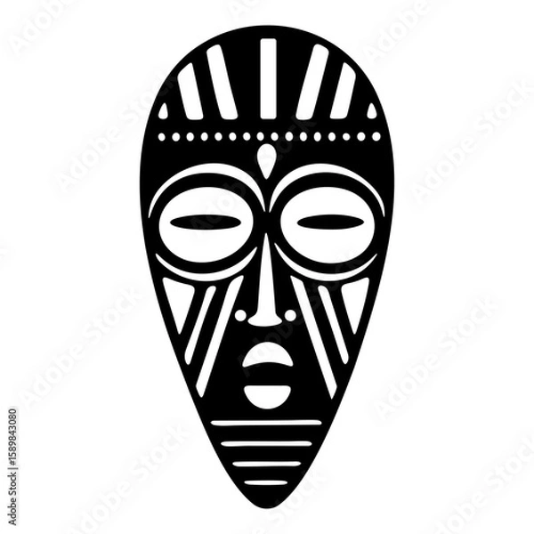 Fototapeta Stylized black and white illustration of African tribal mask with bold geometric patterns and cultural symbolism isolated on transparent background. Vector art.