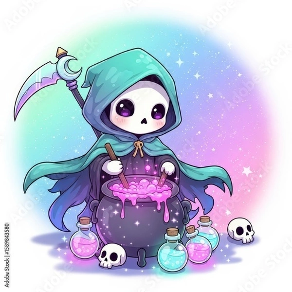 Obraz Cute Chibi Grim Reaper Brewing Magic Potion in Cauldron.