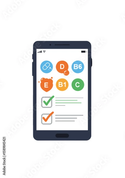 Fototapeta Digital diary of vitamin intake. Image of a smartphone with a screen showing colored vitamin icons and intake marks (check marks). FlaSmartphone displaying nutritional supplement checklist on screen  